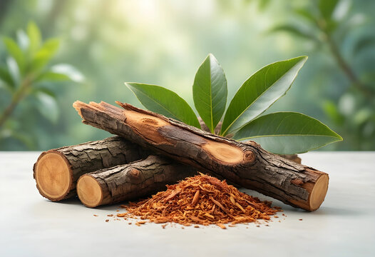 Ayurveda and herbal medicine, raw cinchona bark with green leaves and powder for natural health remedies and traditional pharmaceutical botanical research