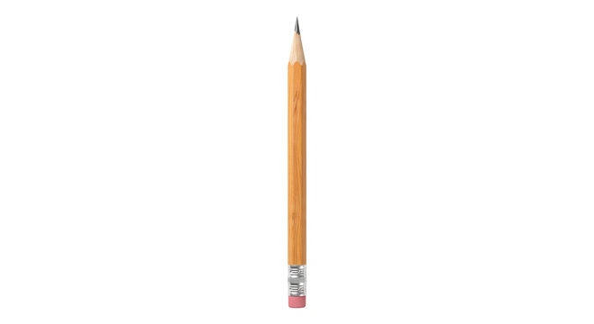 A sharpened wooden pencil with a pink eraser and silver ferrule isolated on white