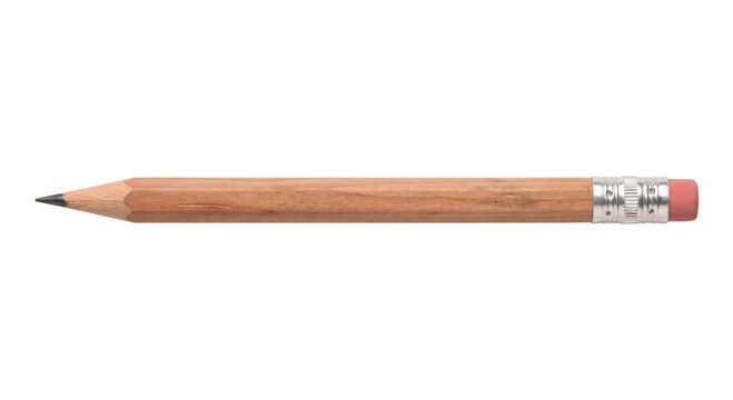 A sharpened wooden pencil with a pink eraser and silver ferrule on a white background
