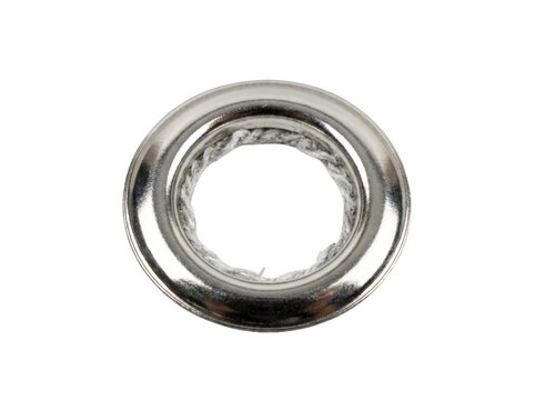 Close-up of a metallic o-ring with smooth inner and outer edges on plain background.