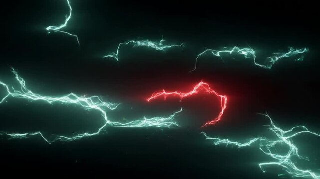 Red and cyan electrical arcs intertwine across a dark abstract background with shifting energy