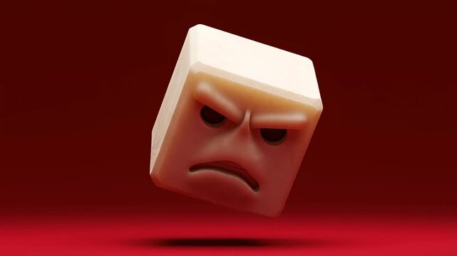 Angry Cube With Expressive Face Hovering Above Red Surface Against Dark Red Background