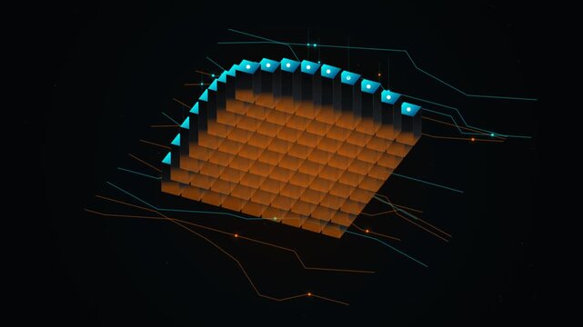 3D futuristic digital network grid with rising glowing blue and orange cubes in isometric view