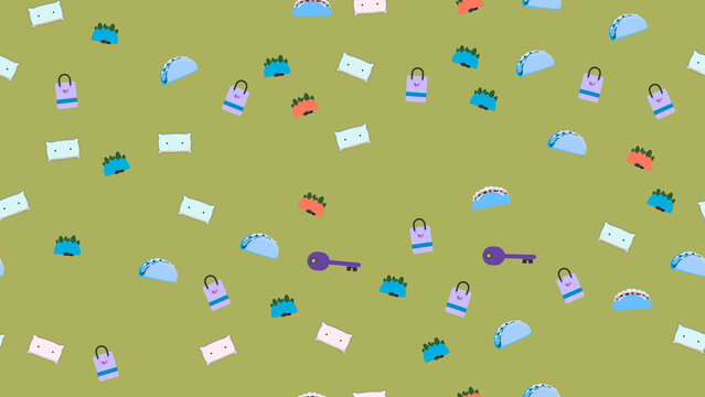 Seamless pattern of cartoon pillows, tacos, bags, and keys