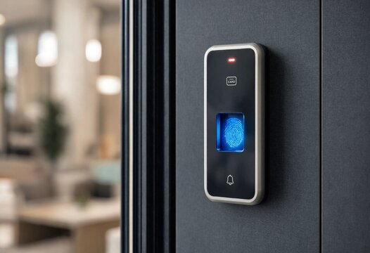 Illuminated biometric security scanner mounted at a modern retail entrance, featuring electronic access control technology for identification, authentication, surveillance, safety, and convenience.