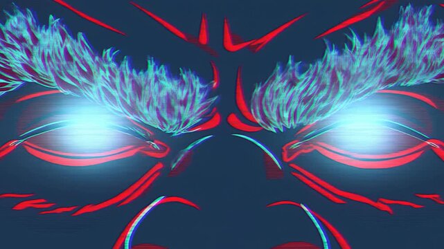 Neon illustrated bearded man facing forward in dark blue closeup portrait