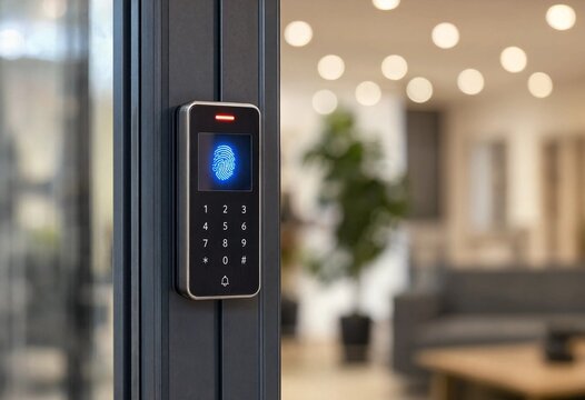 Illuminated biometric security scanner mounted at a modern retail entrance, featuring electronic access control technology for identification, authentication, surveillance, safety, and convenience.
