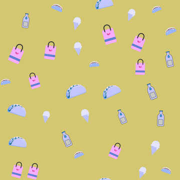 Tacos, Ice Cream, Milk Bottles, Shopping Bags Pattern