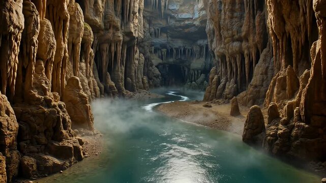 ?Exploring a vast mystical cave with a serene river at its core