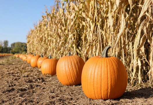Winding dirt path through a tall autumn corn maze beside scattered pumpkins, illuminated by warm golden sunlight, creating a vibrant seasonal rural landscape.