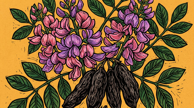 Vibrant woodcut style illustration of blooming purple wisteria flowers with dark seed pods on gold