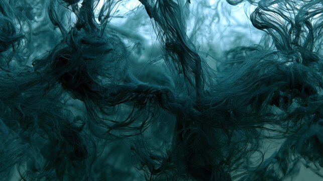 Dark teal threads twist and turn in water, creating a scene of movement and tension with chaotic lines and a cool palette.