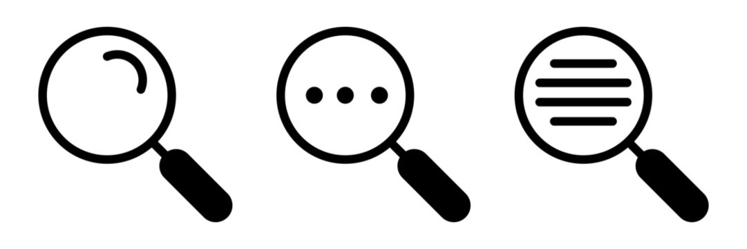 The round magnifying glass comes in various forms. A handle, depicted as a solid black shape, extends downwards and to the right from it. This icon is used to represent searching, browsing, and findin