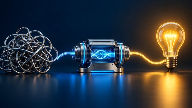 Futuristic processing machine transforming tangled wire into straight glowing line to power lightbulb representing complex problem solving