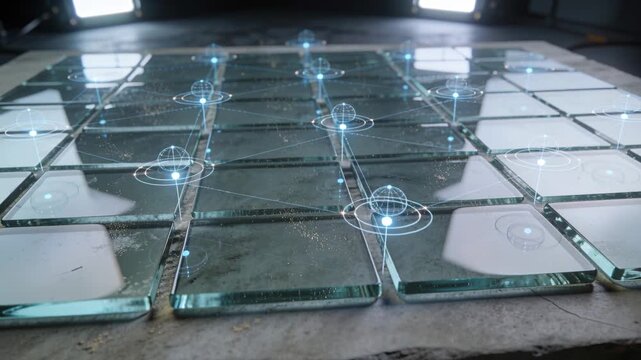 Intensifying blue markers activating central grid of glass tiles on rough slab, dust sparkling