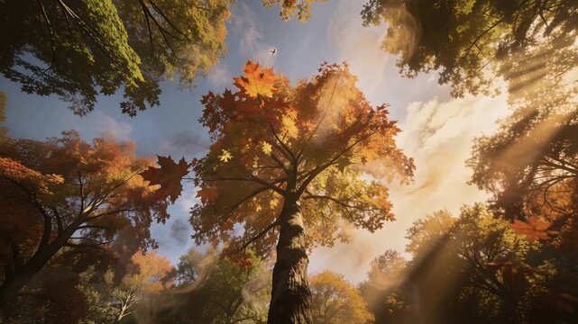 Shimmering low sunbeams bathing deciduous tree from forest floor, with mist and falling leaves