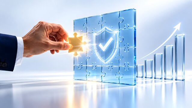 Hand inserting golden puzzle piece into blue glass wall featuring glowing security shield and checkmark beside ascending growth chart