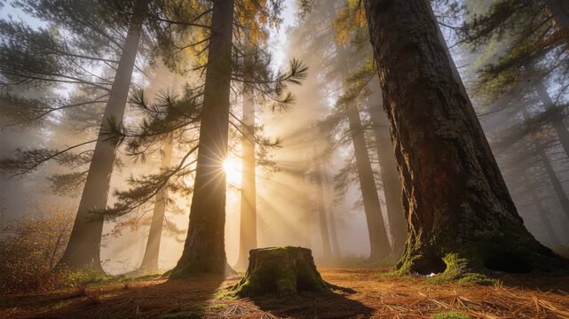 Bathing mossy stump and pine trunks in sunbeams as sunburst forming in pine forest, mist lifting