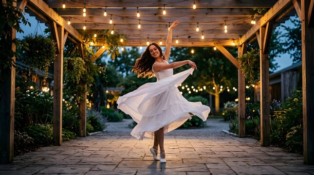 Young woman dancing in white dress under hanging lights at dusk