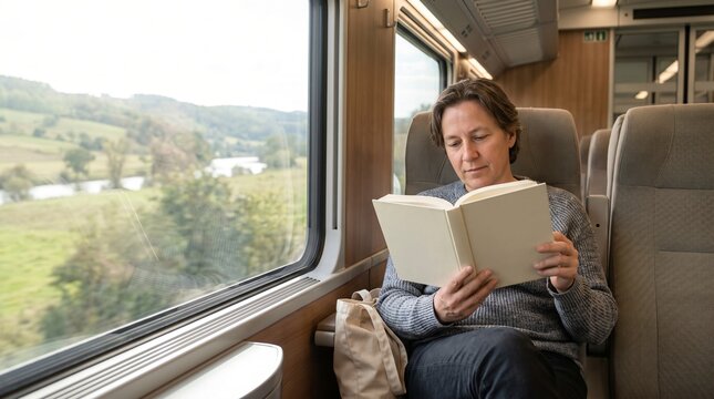Train passenger sitting by a window while reading a blank book, peaceful rail journey, soft natural daylight, relaxed travel mood, modern carriage interior, and personal leisure experience moment