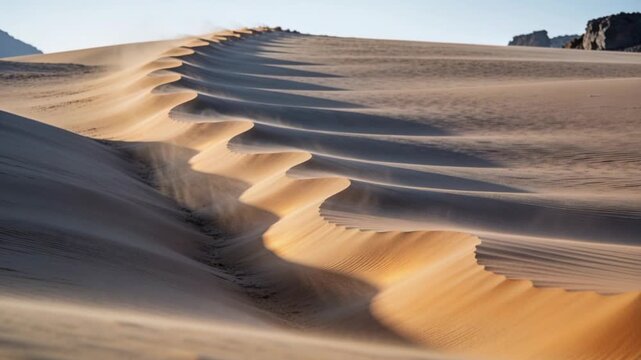 Lifting curved sand dune crest by crosswind revealing ripples and sending sand plumes in desert sun