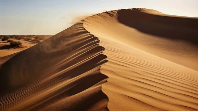 Blowing steady wind lifting fine sand along dune crest at desert plain, cascading down slipface