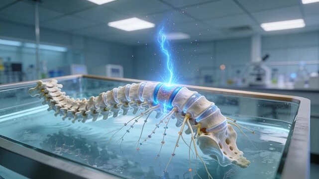 Luminescing disc initiating blue energy arc above spinal column model on glass tray