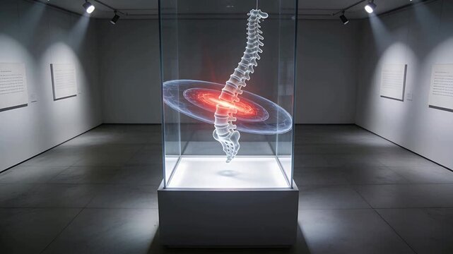 Base light activating hanging spine in glass case rotating rings in gallery, highlighting lumbar