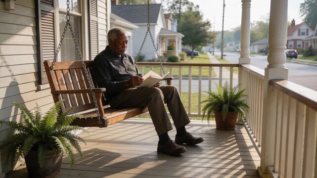 Reading senior man in dark shirt, holding open book and turning pages on porch swing, relaxing