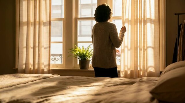 Pulling sweater lady seeing sun, adjusting drape at bedroom window, letting light on bed and plant