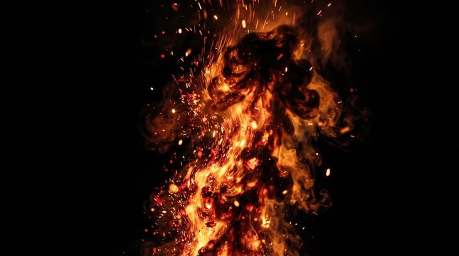 Bright burning fire flames and floating sparks on black background with blazing fire