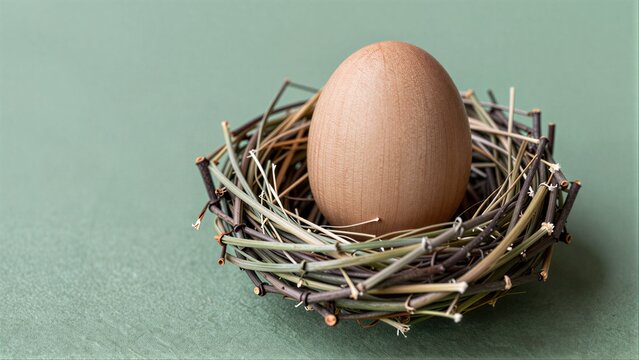 Wooden egg nestled in twig nest, symbolizing new beginnings and natural simplicity.
