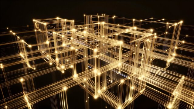 Golden light strands form intricate 3D grid against a dark background.