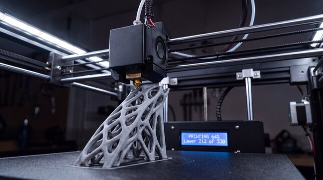 3D printer extruding a grey lattice structure layer by layer in a dark workshop