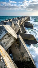 Fototapeta premium Coastal Breakwater Structure with Concrete Blocks Extending into Ocean Waves