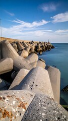 Fototapeta premium Coastal Breakwater with Large Concrete Tetrapods and Clear Sky