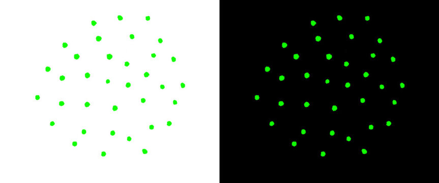Green dot pattern on white and black backgrounds, circular halftone stipple effect, minimalist neon green pointillism design elements