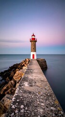 Fototapeta premium Tall Coastal Lighthouse on Rocky Pier with Calm Sea and Sky at Dusk