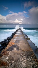 Fototapeta premium Long Pier Extending Into Ocean With Waves Splashing Against It Under Cloudy Sky