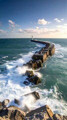 Fototapeta premium Coastal Breakwater Extending into Ocean with Lighthouse in Distance Under Blue Sky