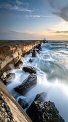 Fototapeta premium Coastal Sea Wall with Waves Crashing Against Rocks at Sunset