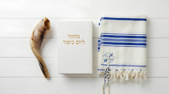 Jewish religious symbols including a shofar, Machzor prayer book, and blue and white tallit prayer shawl.