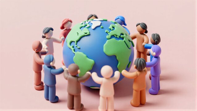 Diverse figurines surround a globe, symbolizing global unity and cooperation.