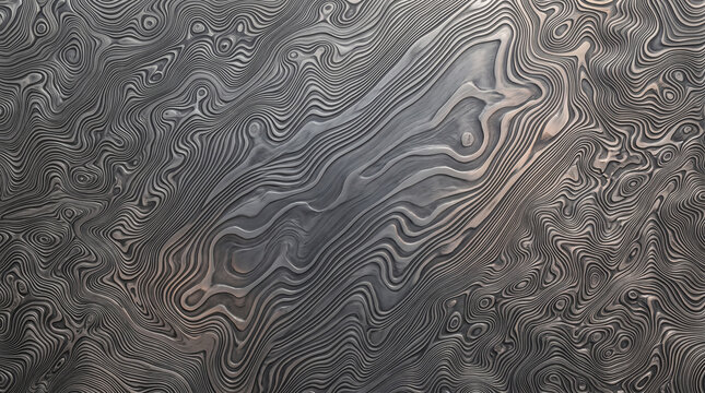 Damascus steel metal surface with intricate flowing wave patterns reflecting soft studio lighting in gray tones