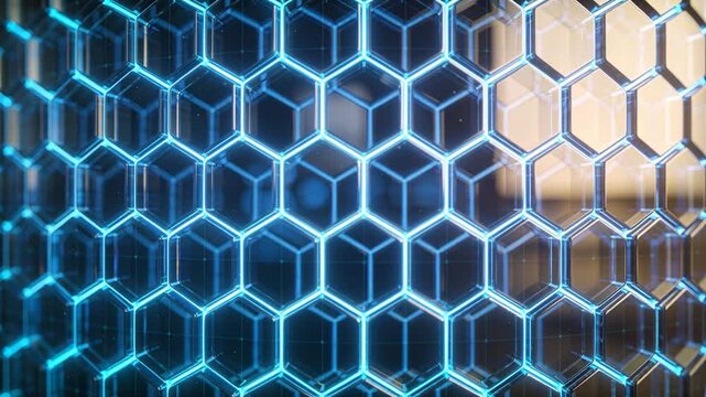 Pulsing offframe lights driving hex mesh glowing blue edges in set shifting focus showing warm blur