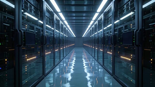 Rolling camera traversing central server aisle in data center, showing glass racks and LED status