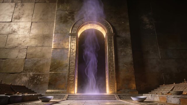 Starting as faint wisp, purple column rising, curling in temple archway with hieroglyphs, gold trim