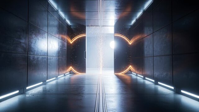 Retracting slab with portal powering up, revealing glowing ring in metal corridor, emitting sparks