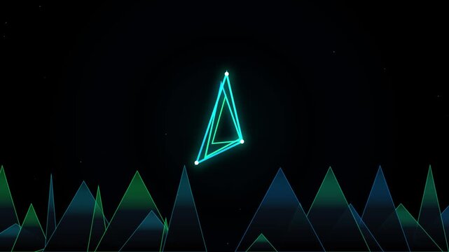 Neon geometric triangles floating over dark abstract mountain