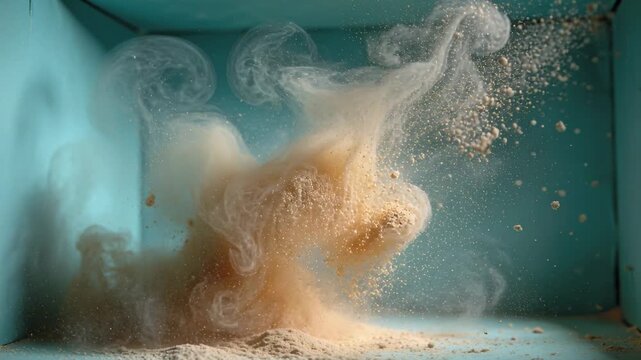 Erupting turbulent powder plume rising inside teal chamber, impulse lifting beige powder outward